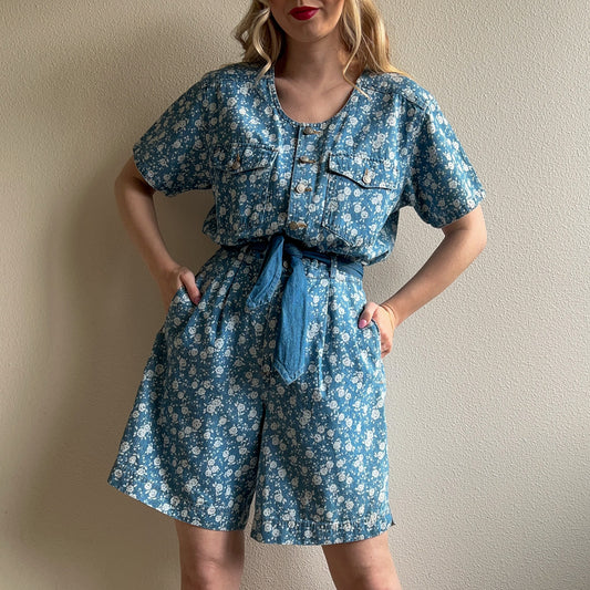 Deadstock 1980s Denim Romper With Floral Print (M)