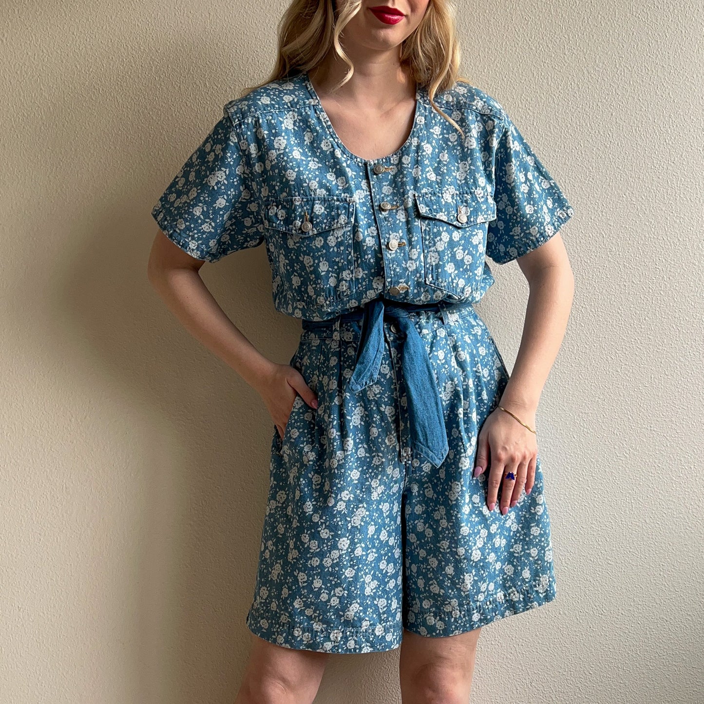 Deadstock 1980s Denim Romper With Floral Print (M)