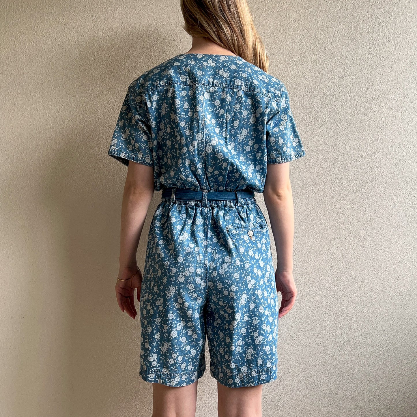 Deadstock 1980s Denim Romper With Floral Print (M)
