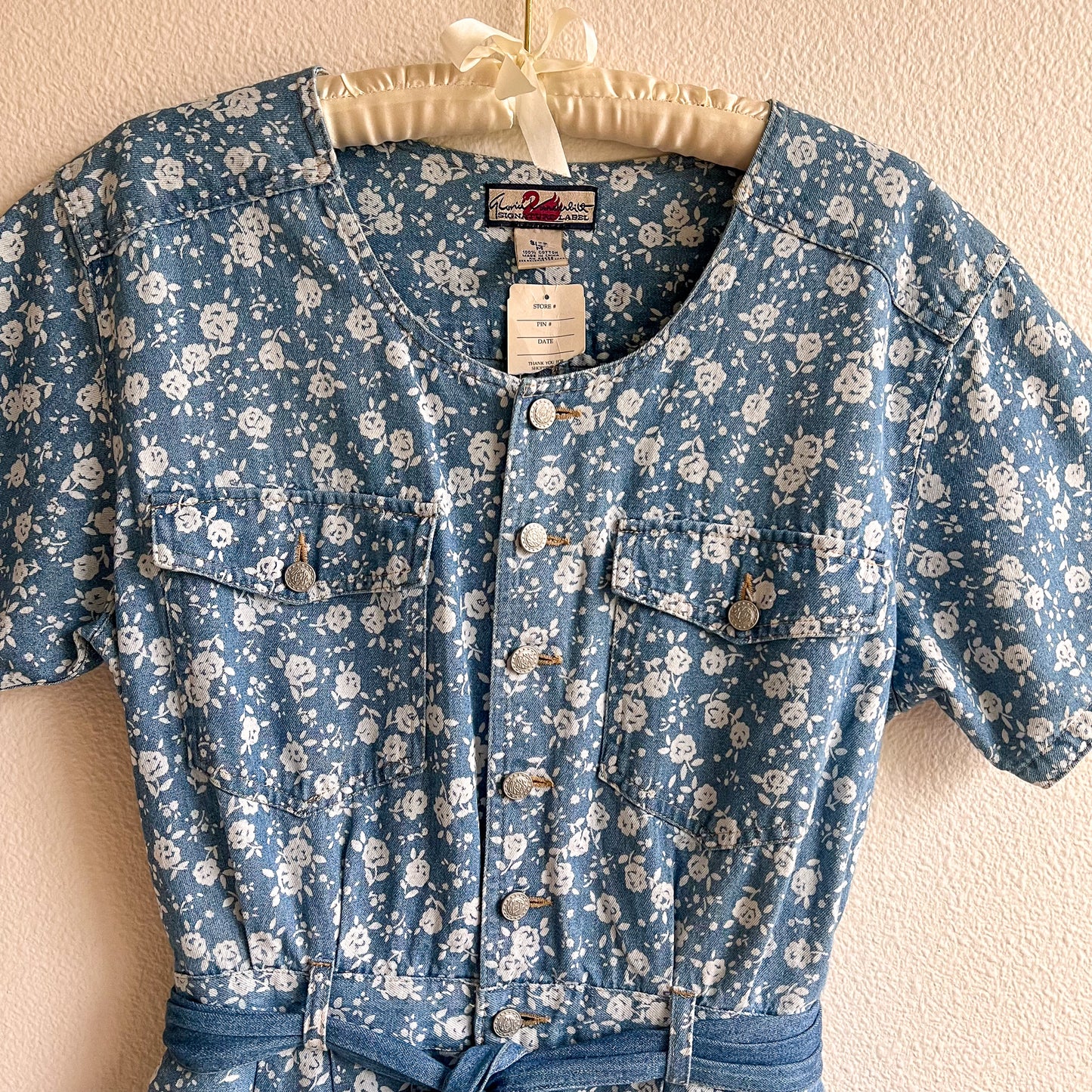 Deadstock 1980s Denim Romper With Floral Print (M)