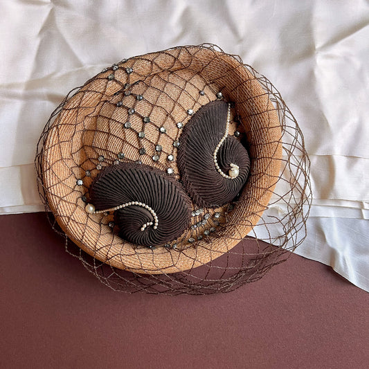 1940s Straw Hat With Rhinestones and Brown Netting