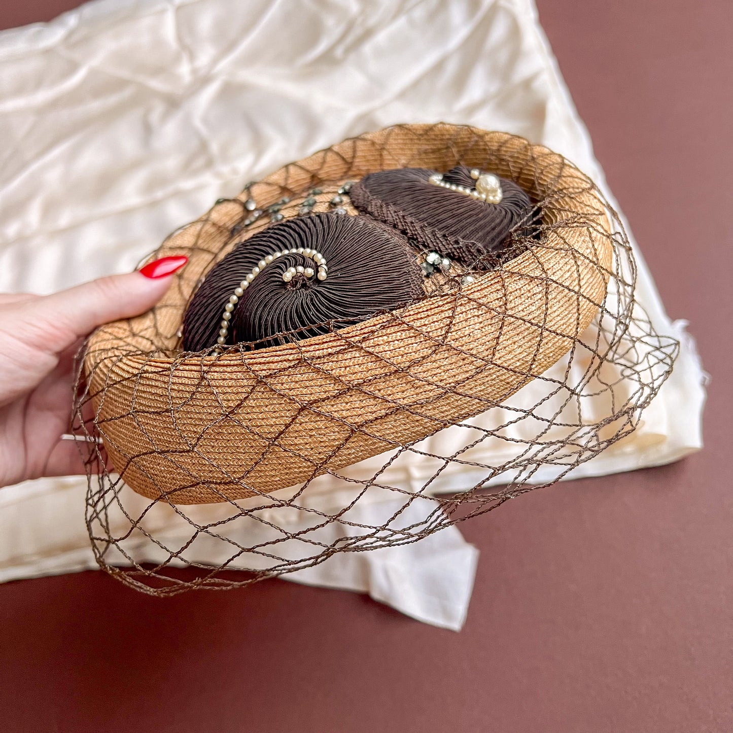 1940s Straw Hat With Rhinestones and Brown Netting