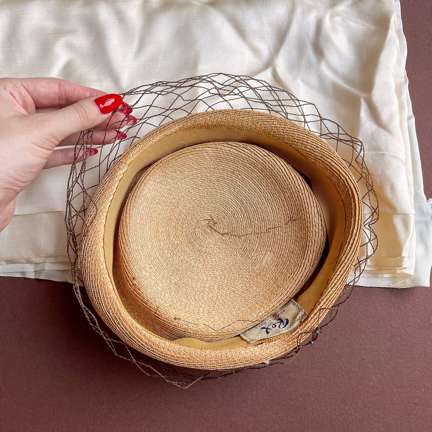 1940s Straw Hat With Rhinestones and Brown Netting