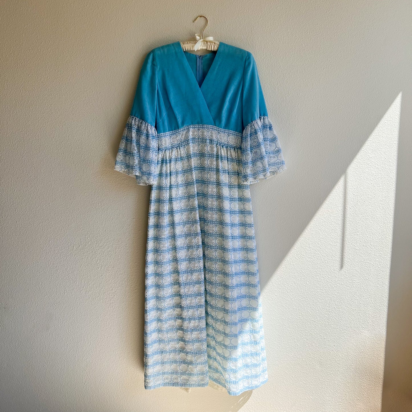 1970s Sky Blue Bell-Sleeved Maxi Dress (S)