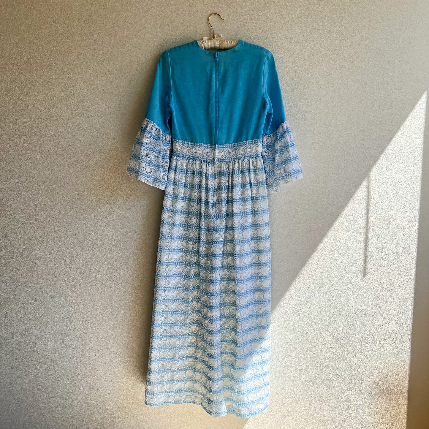 1970s Sky Blue Bell-Sleeved Maxi Dress (S)