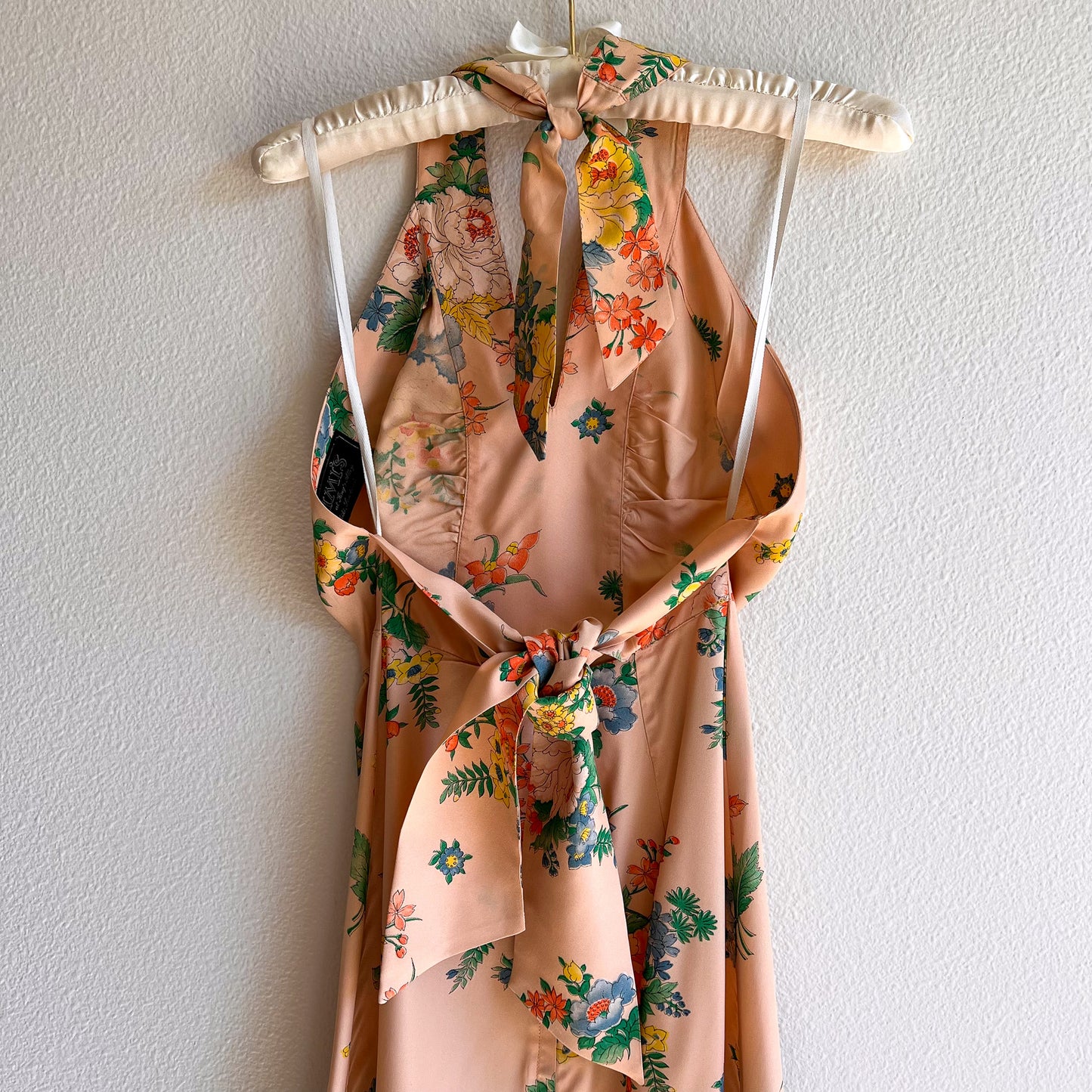 Stunning 1970s Peach Floral Print Halter Maxi Dress (S)