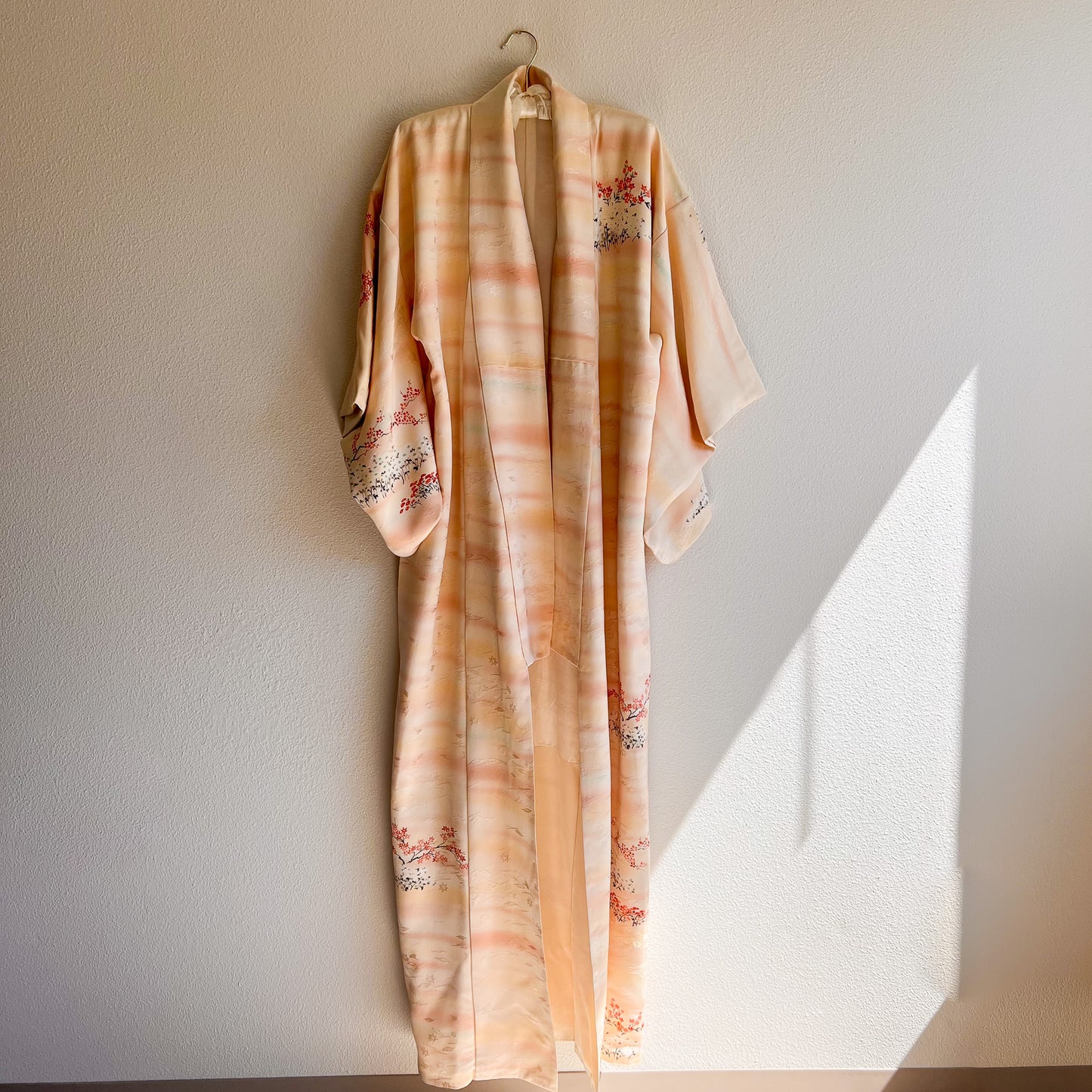 1960s Orange Sorbet Silk Kimono With Tree and Flower Print (OSFM)
