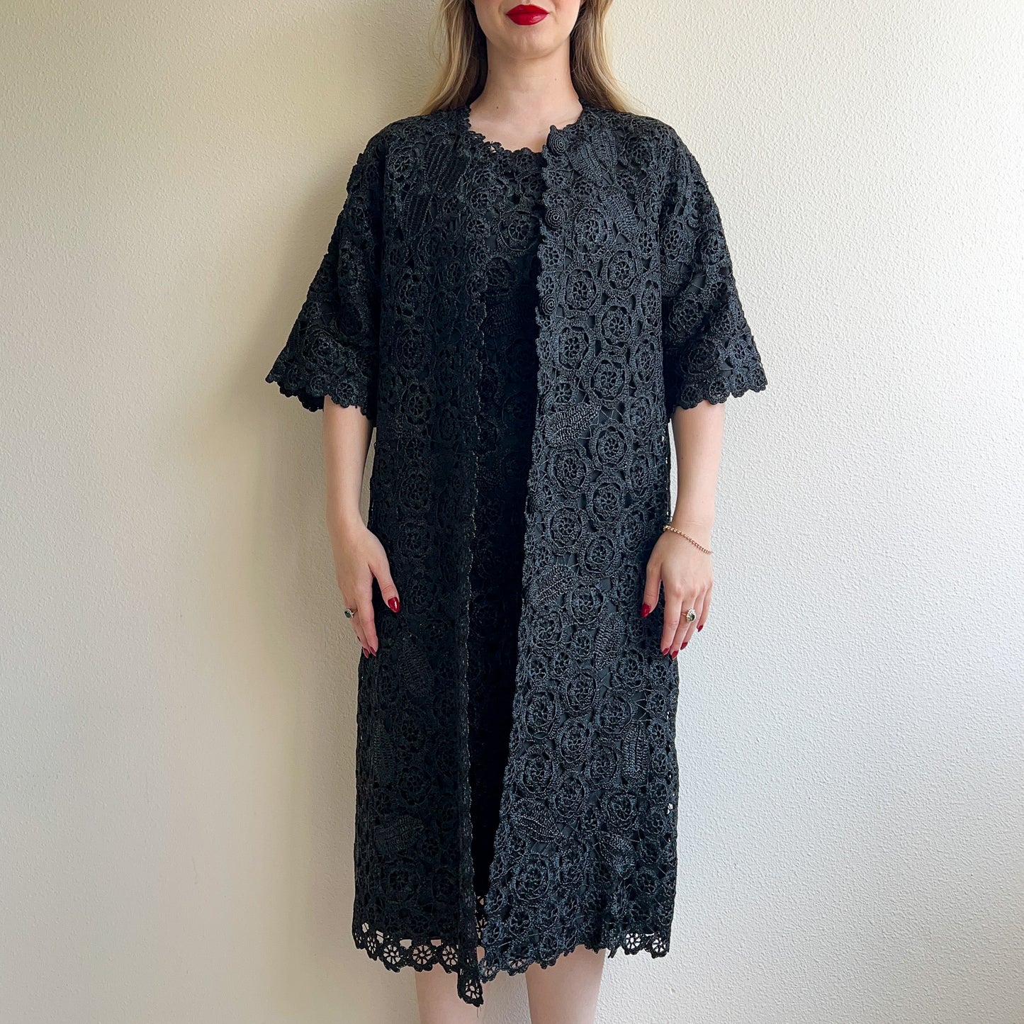 1960s Black Crochet Dress and Buttoned Coat Set (S)