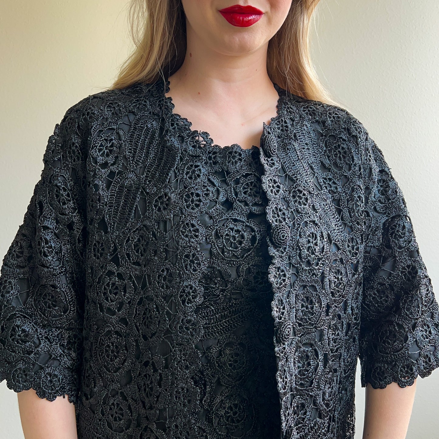 1960s Black Crochet Dress and Buttoned Coat Set (S)