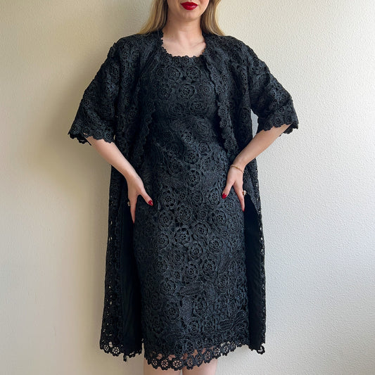 1960s Black Crochet Dress and Buttoned Coat Set (S)