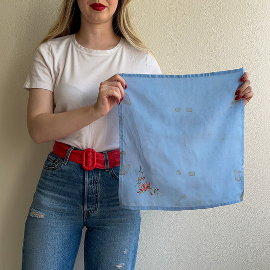 1940s Pale Blue Handkerchief With Pink Flower