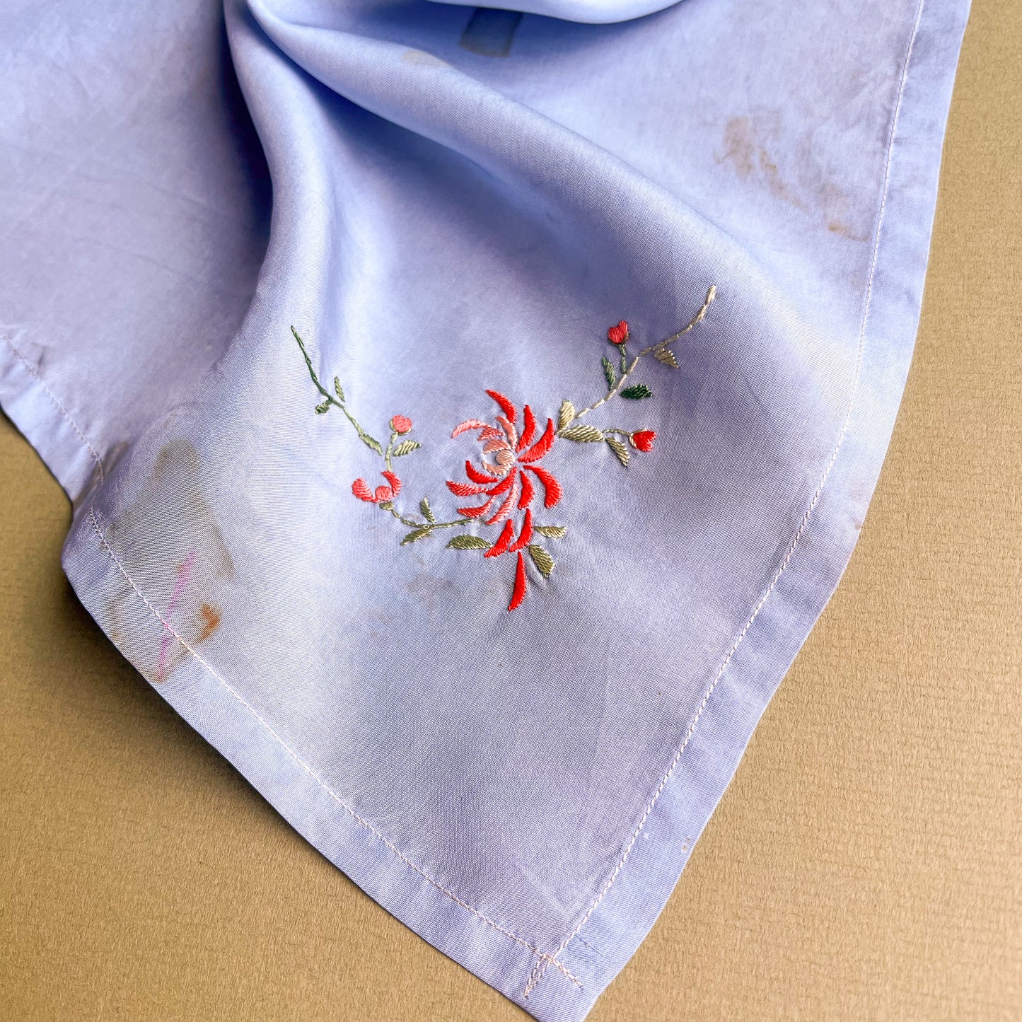 1940s Pale Blue Handkerchief With Pink Flower