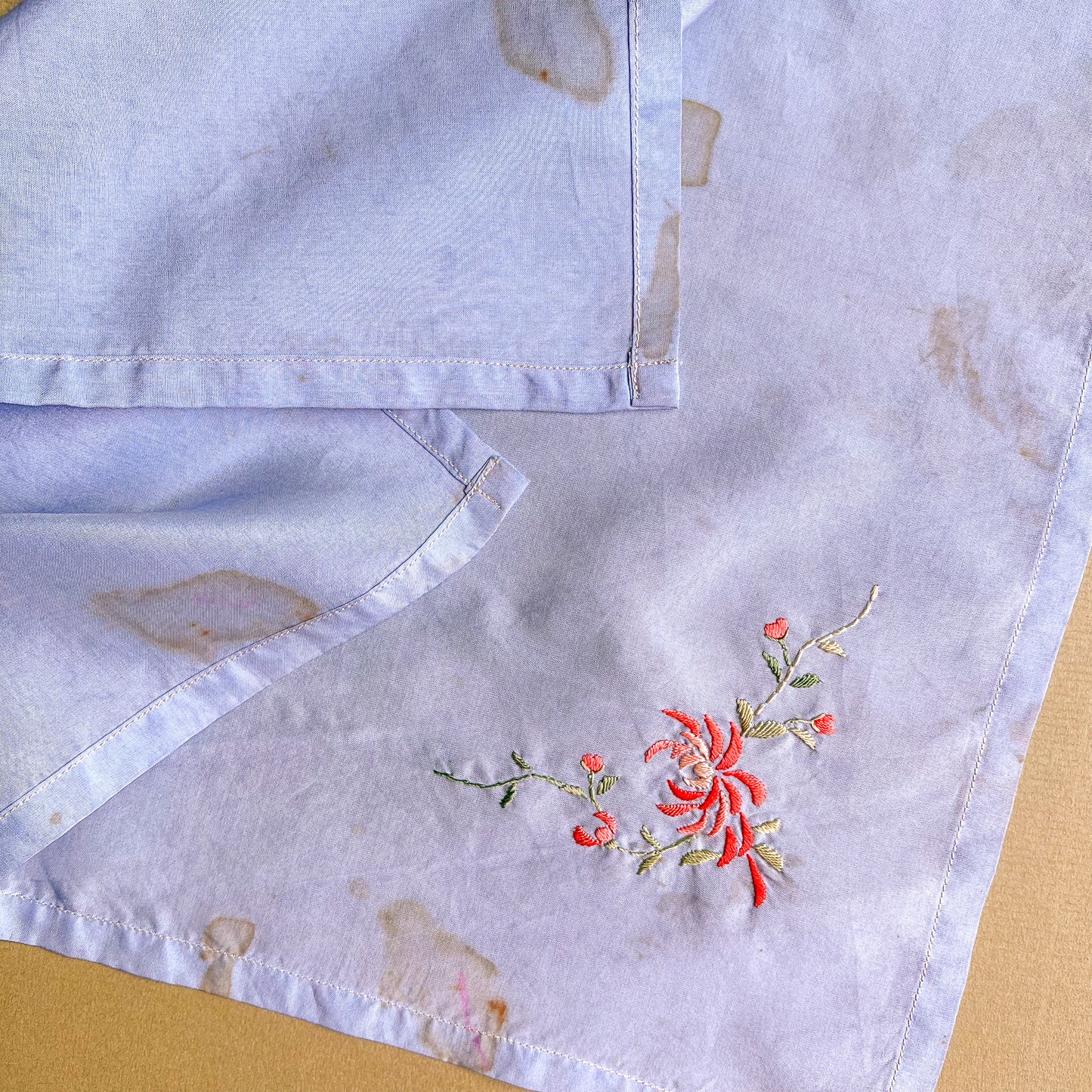 1940s Pale Blue Handkerchief With Pink Flower