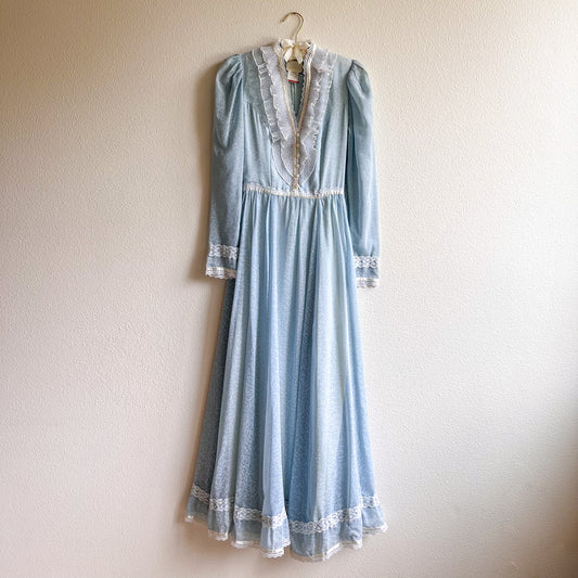 1970s Gunne Sax Blue Floral Cotton Gown (XS)