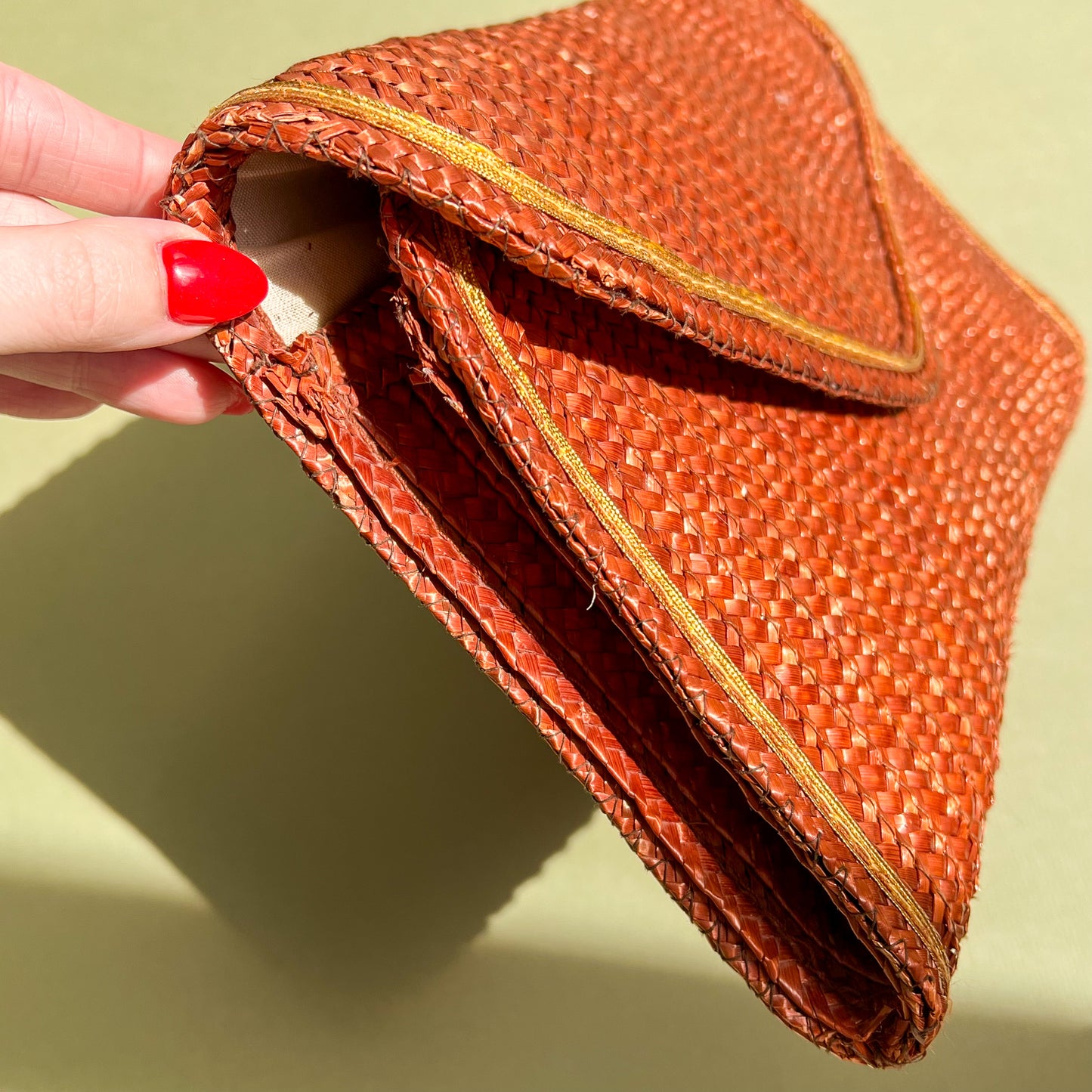 1970s Brown Raffia Clutch With Gold Trim