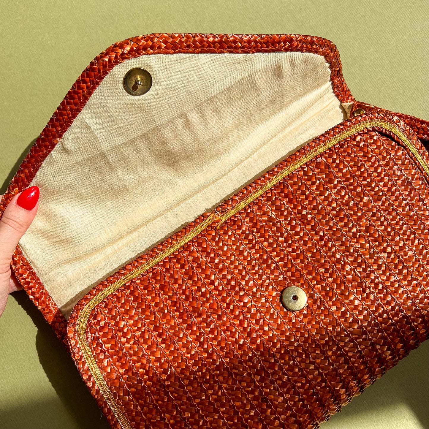 1970s Brown Raffia Clutch With Gold Trim
