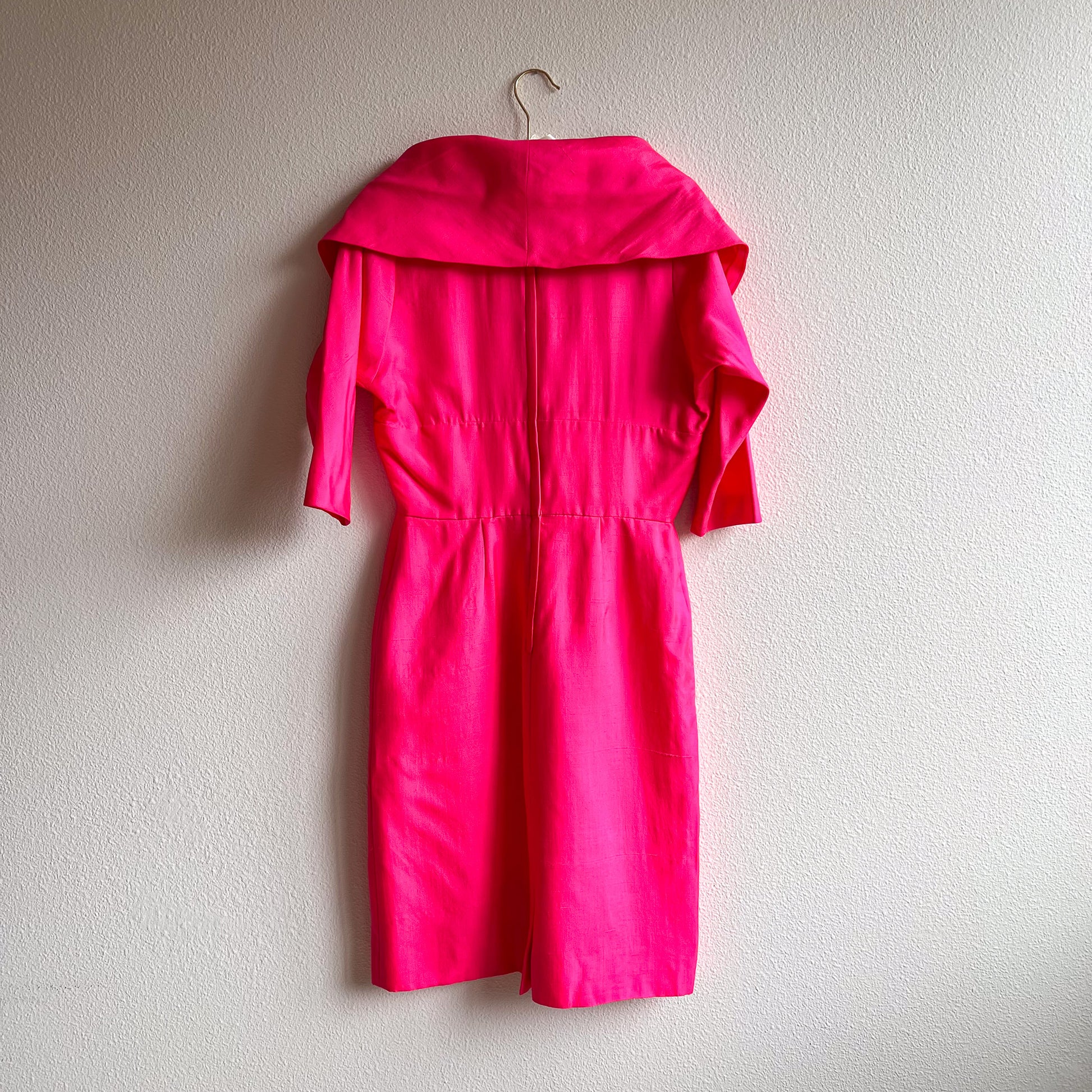 1960s Hot Pink Silk Dress With Shawl Collar (L/XL) Studio Gloria Vintage 1960s Hot Pink Silk Dress With Shawl Collar (L/XL) Studio Gloria Vintage