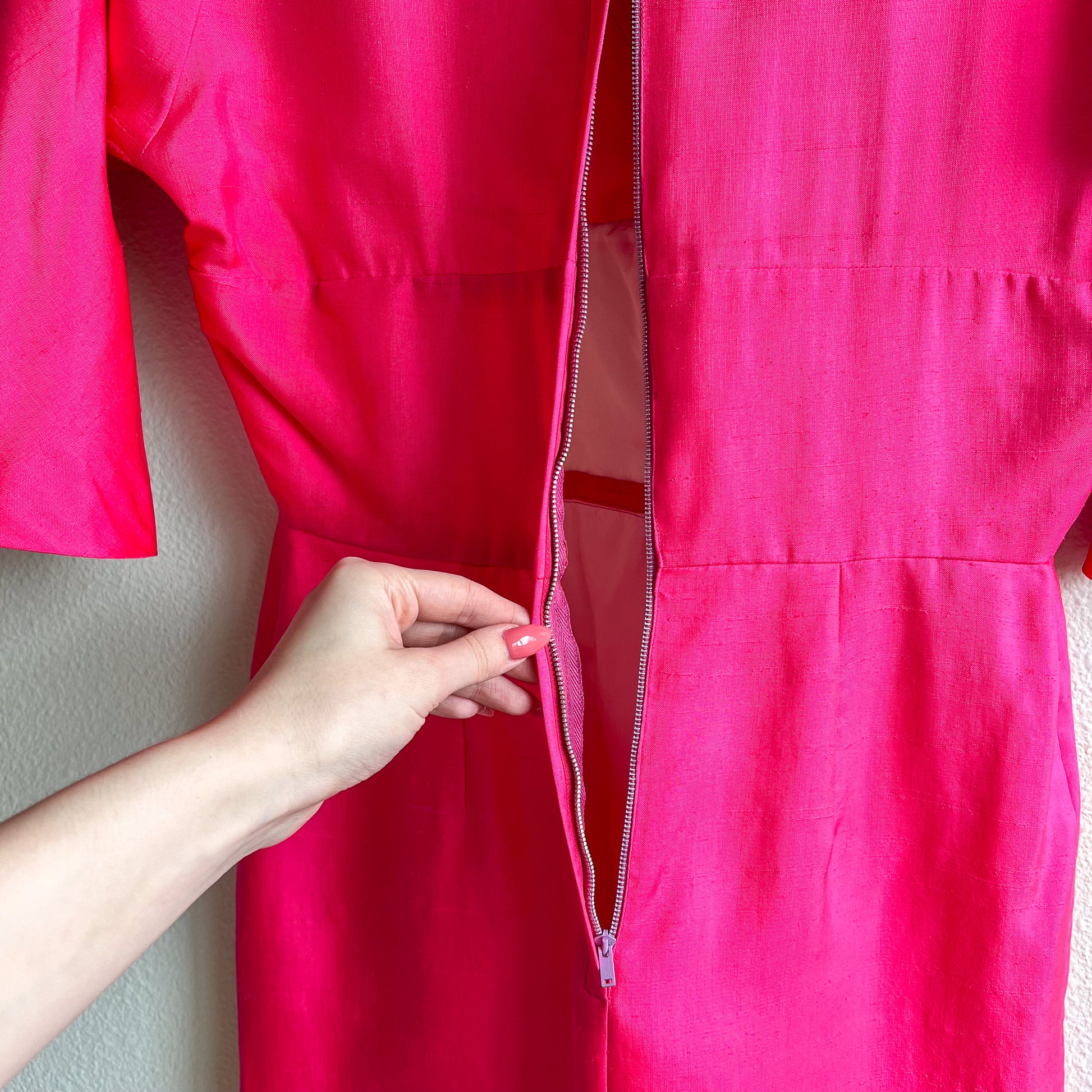1960s Hot Pink Silk Dress With Shawl Collar (L/XL) Studio Gloria Vintage 1960s Hot Pink Silk Dress With Shawl Collar (L/XL) Studio Gloria Vintage