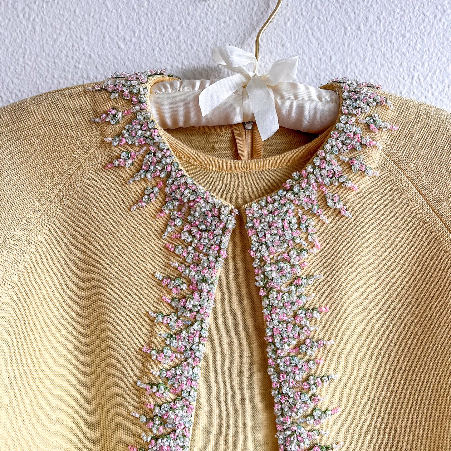 1960s Yellow Knit Sweater Set With Pastel Sequins (S/M)