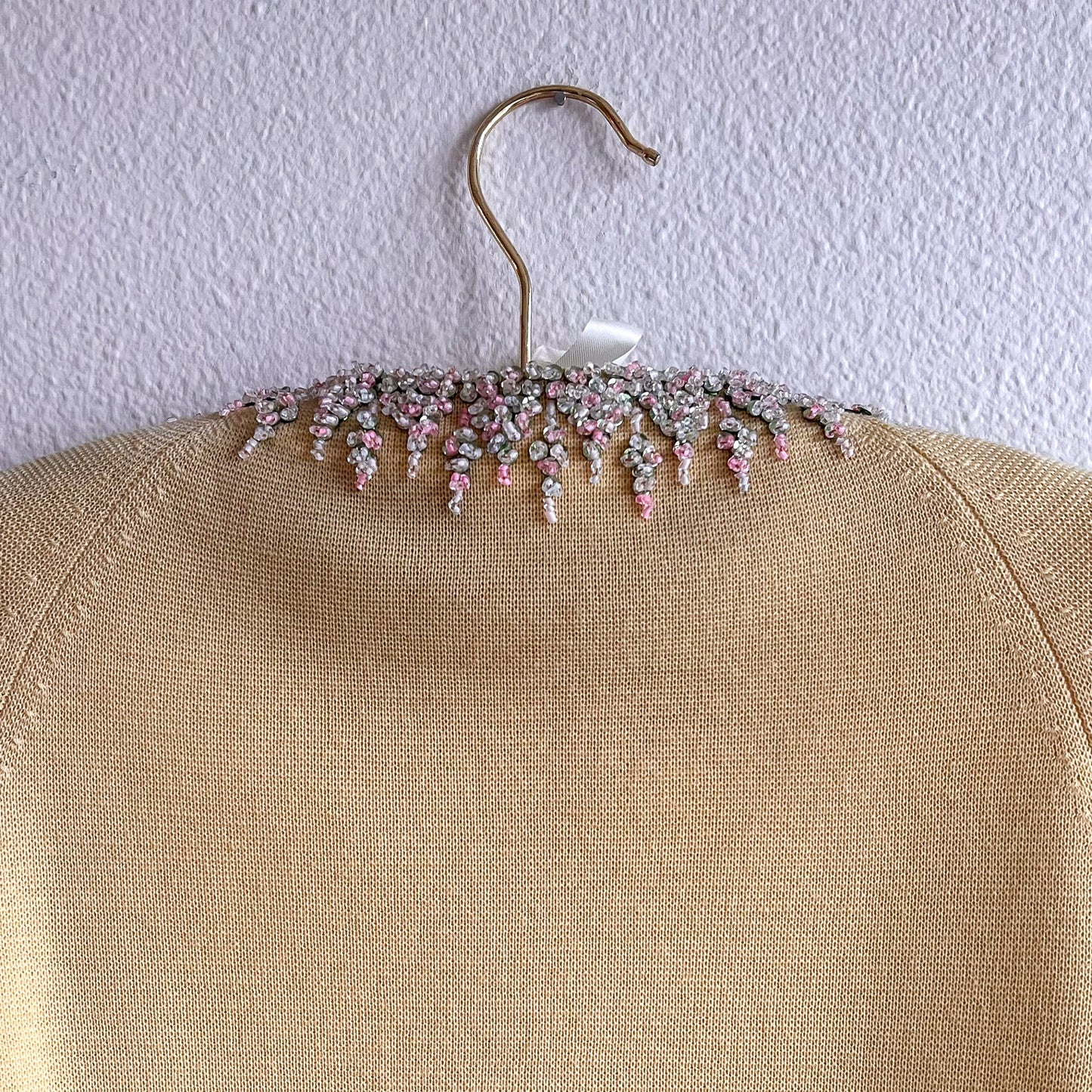 1960s Yellow Knit Sweater Set With Pastel Sequins (S/M)