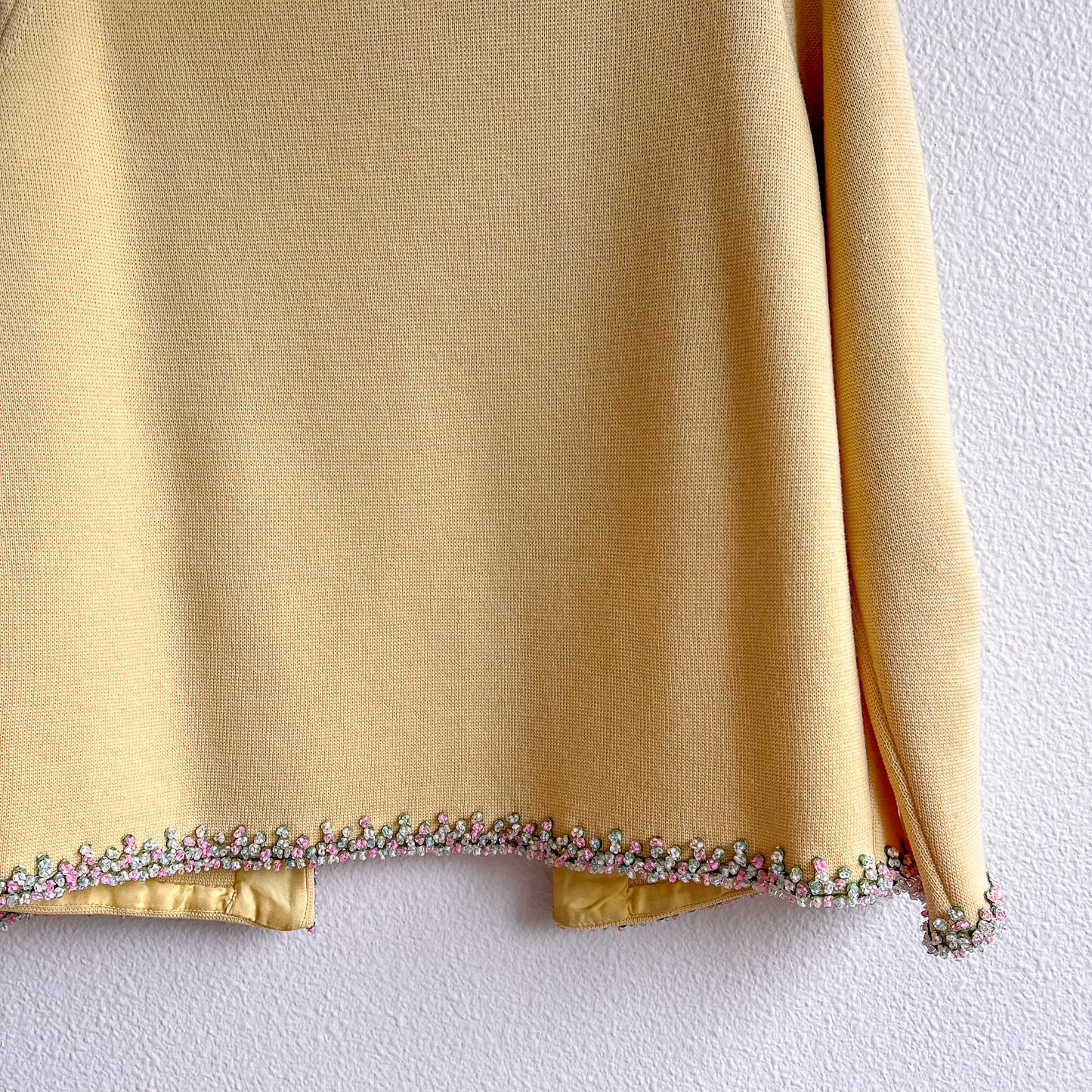 1960s Yellow Knit Sweater Set With Pastel Sequins (S/M)