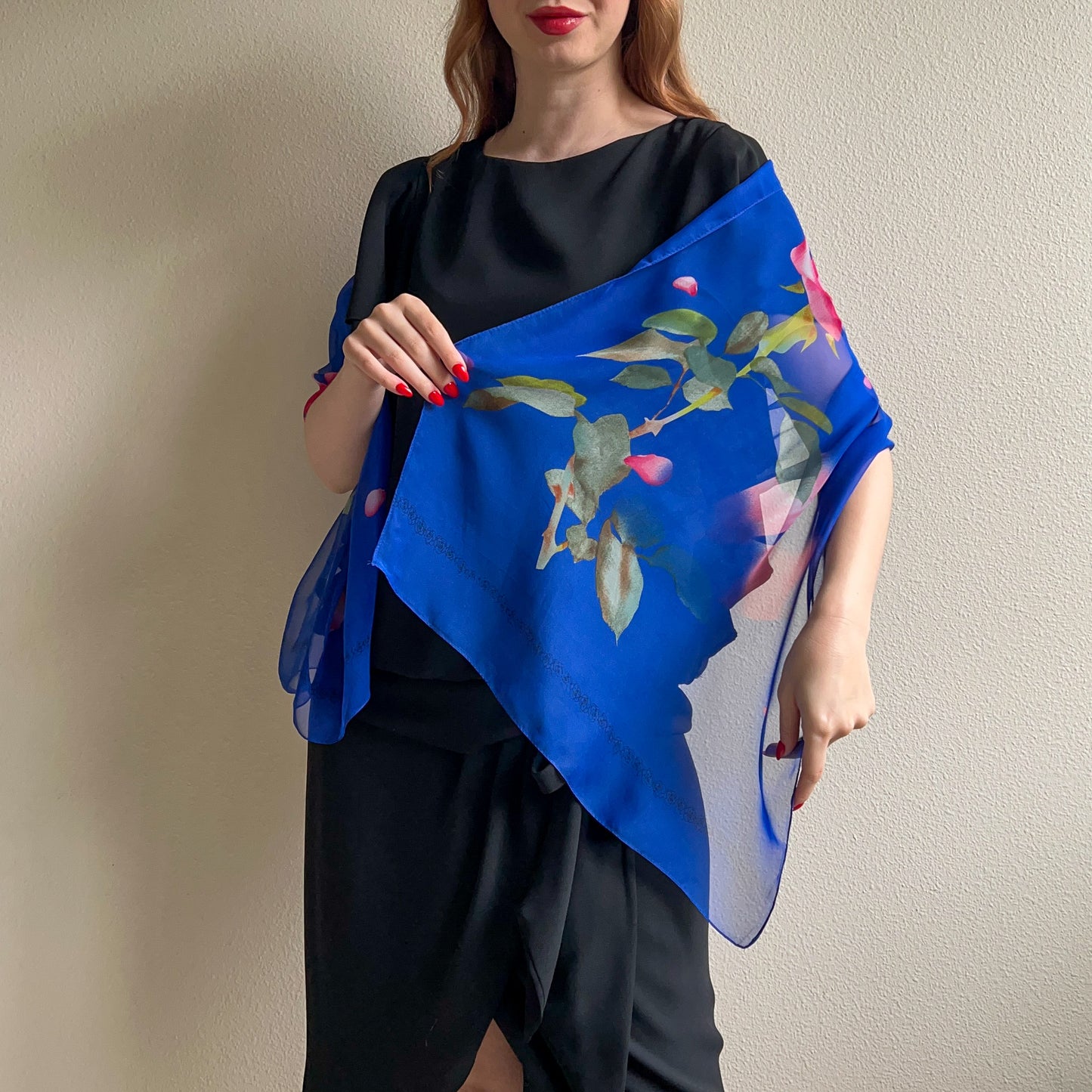 1990s Royal Blue Long Scarf With Pink Rose