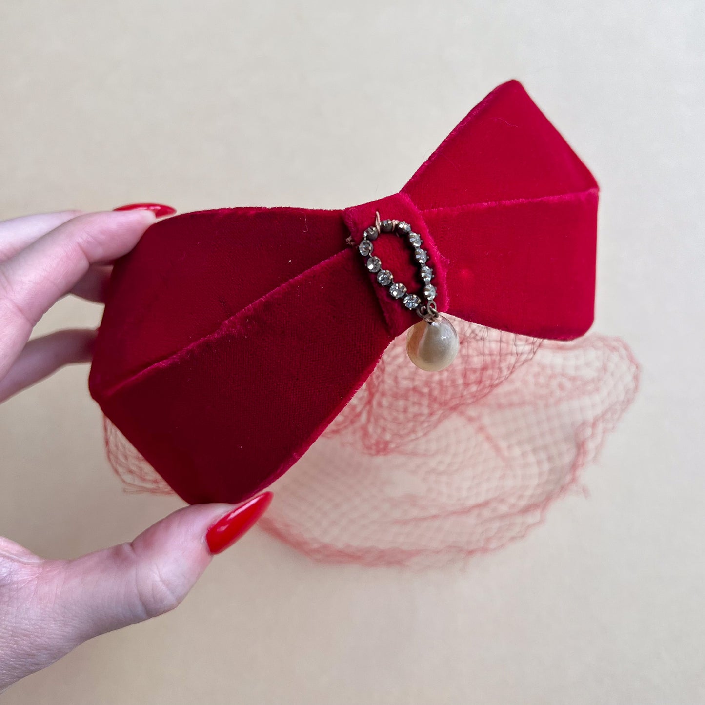 1950s Red Velvet Headband With Tear-Drop Pearl and Netting