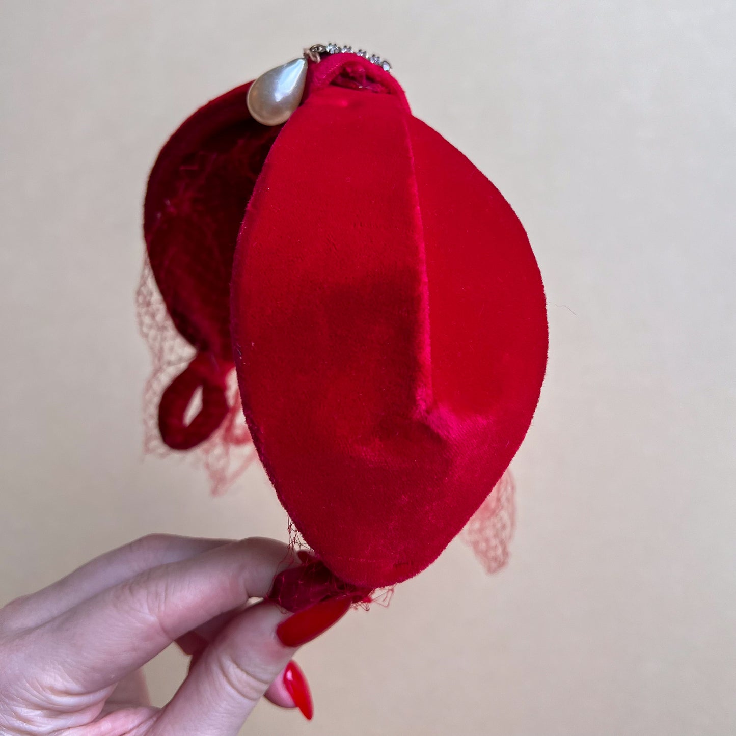 1950s Red Velvet Headband With Tear-Drop Pearl and Netting