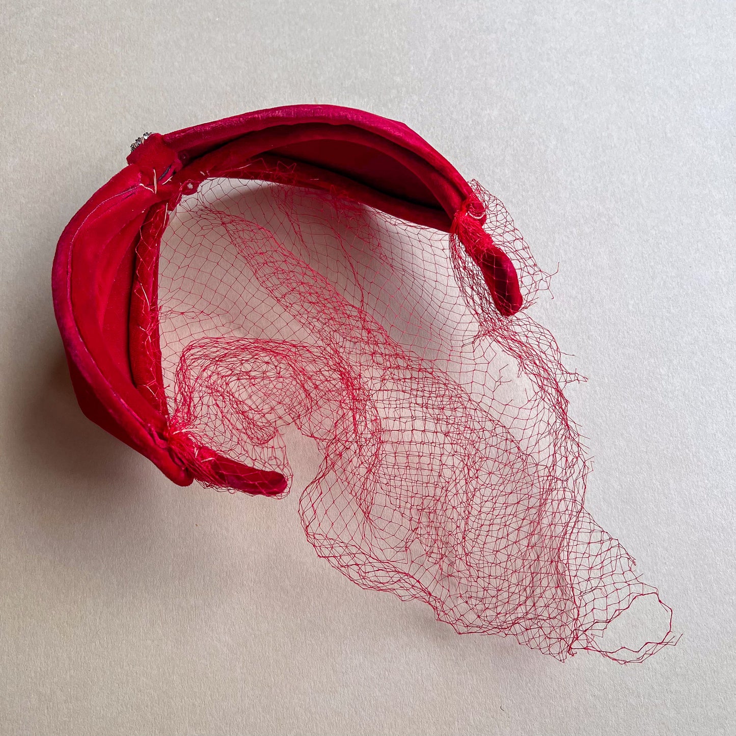 1950s Red Velvet Headband With Tear-Drop Pearl and Netting