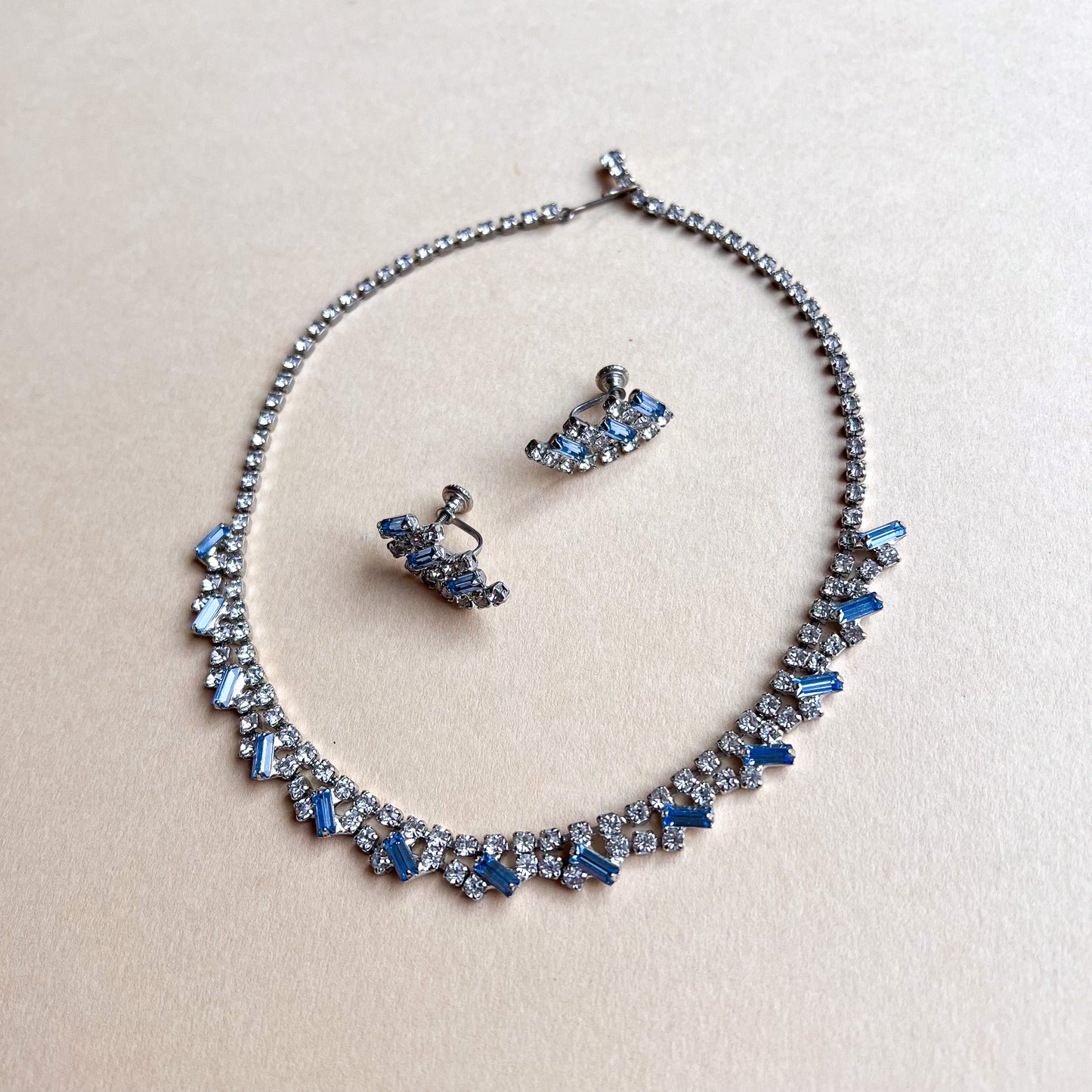 1950s Icy Blue Rhinestones Earring and Necklace Set