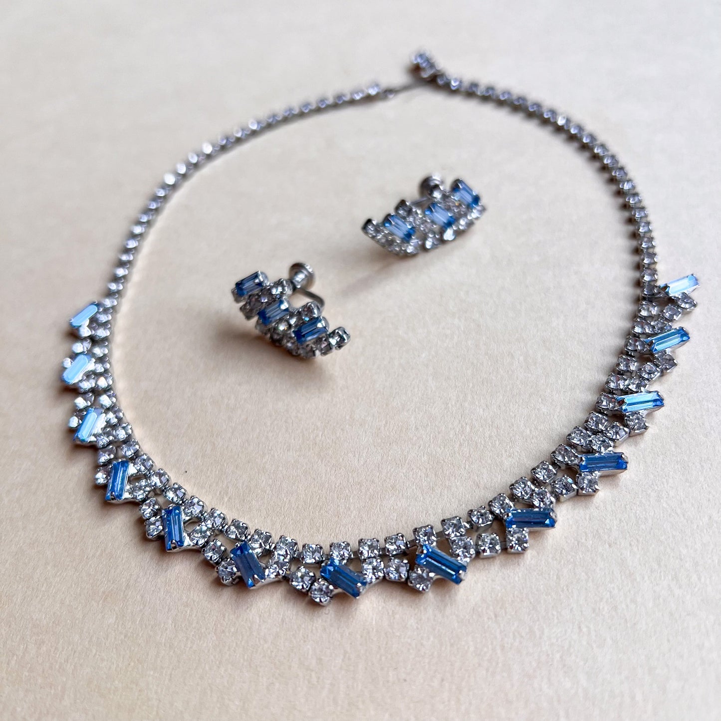 1950s Icy Blue Rhinestones Earring and Necklace Set