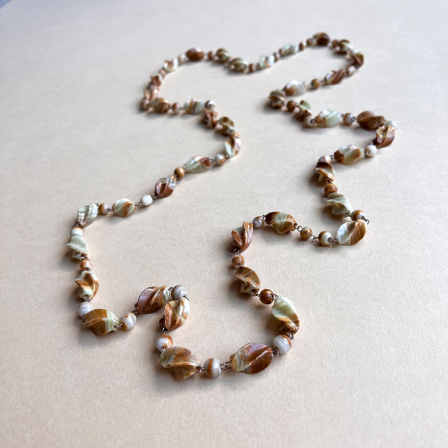 1970s Banded Green Onyx Beaded Long Necklace