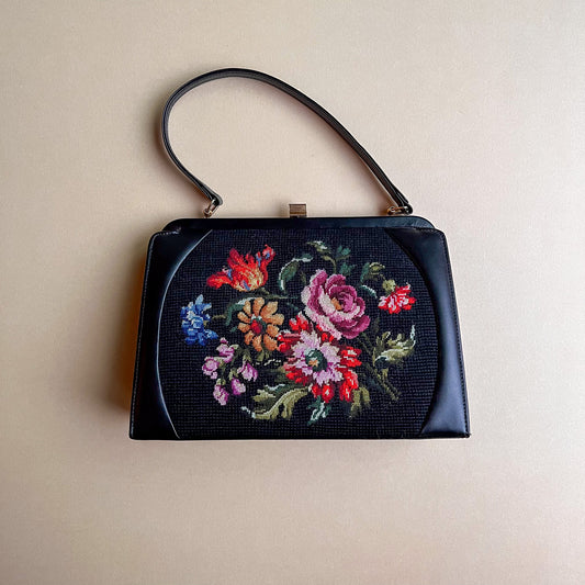 1950s Black Blooming Florals Needlepoint Handbag