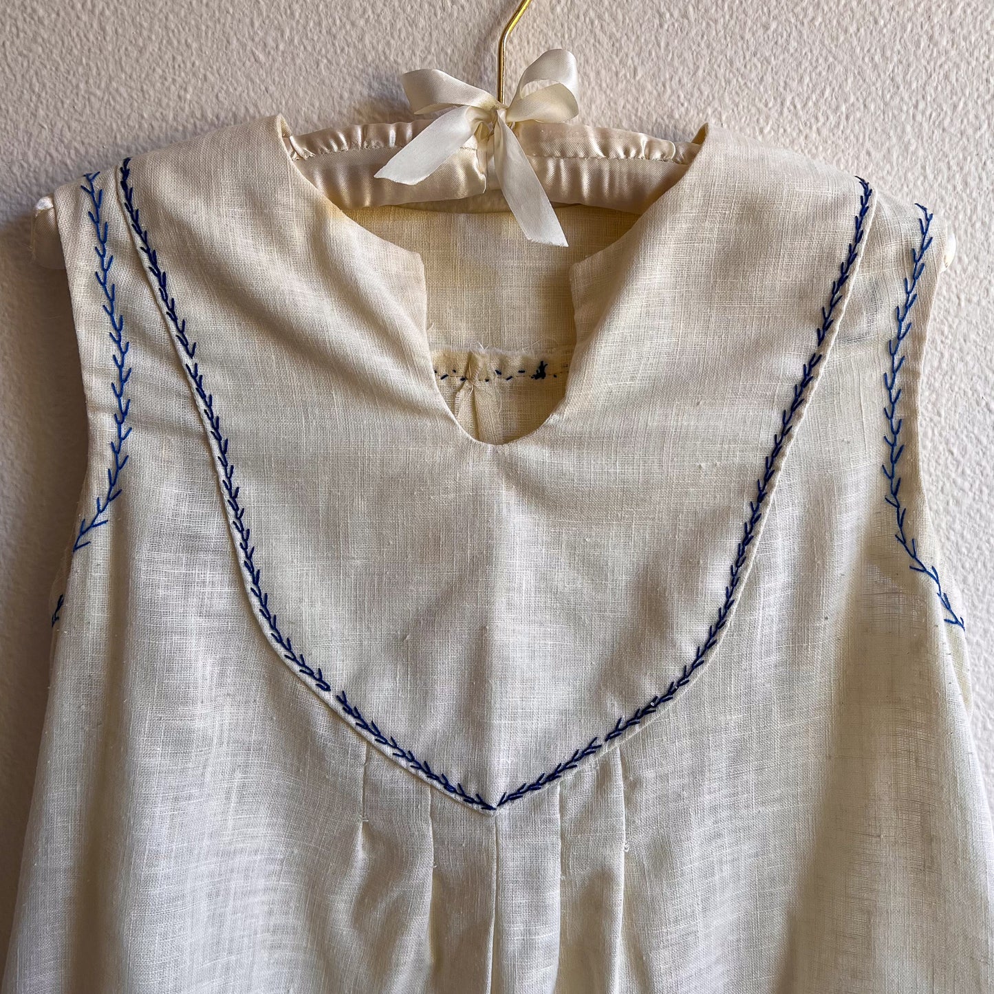 1960s Sheer Ivory Summer Dress With Blue Trim (S/M)