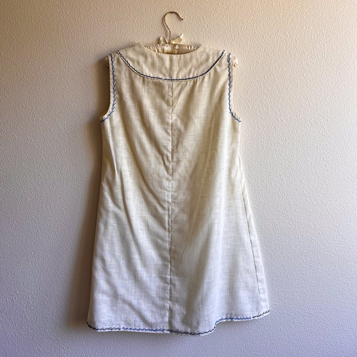1960s Sheer Ivory Summer Dress With Blue Trim (S/M)