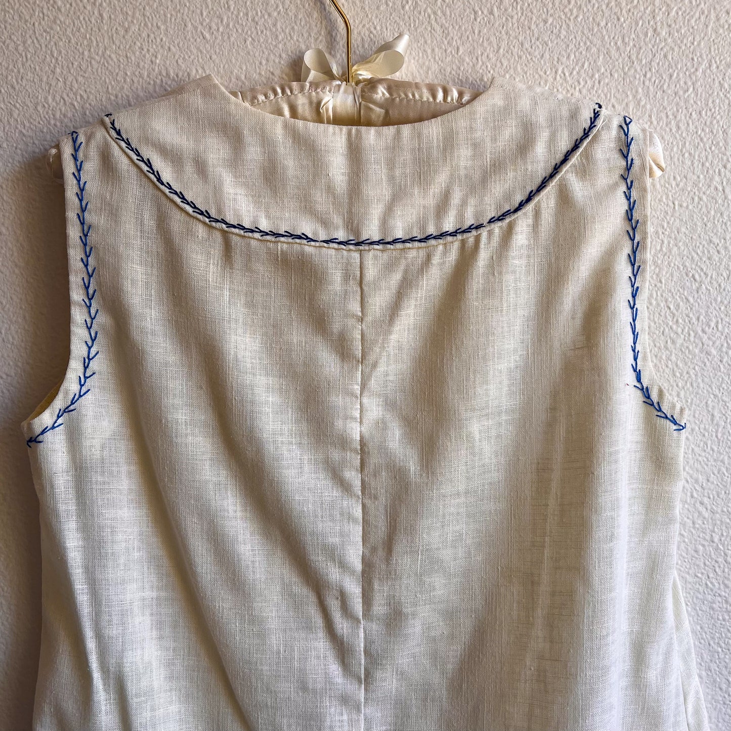 1960s Sheer Ivory Summer Dress With Blue Trim (S/M)
