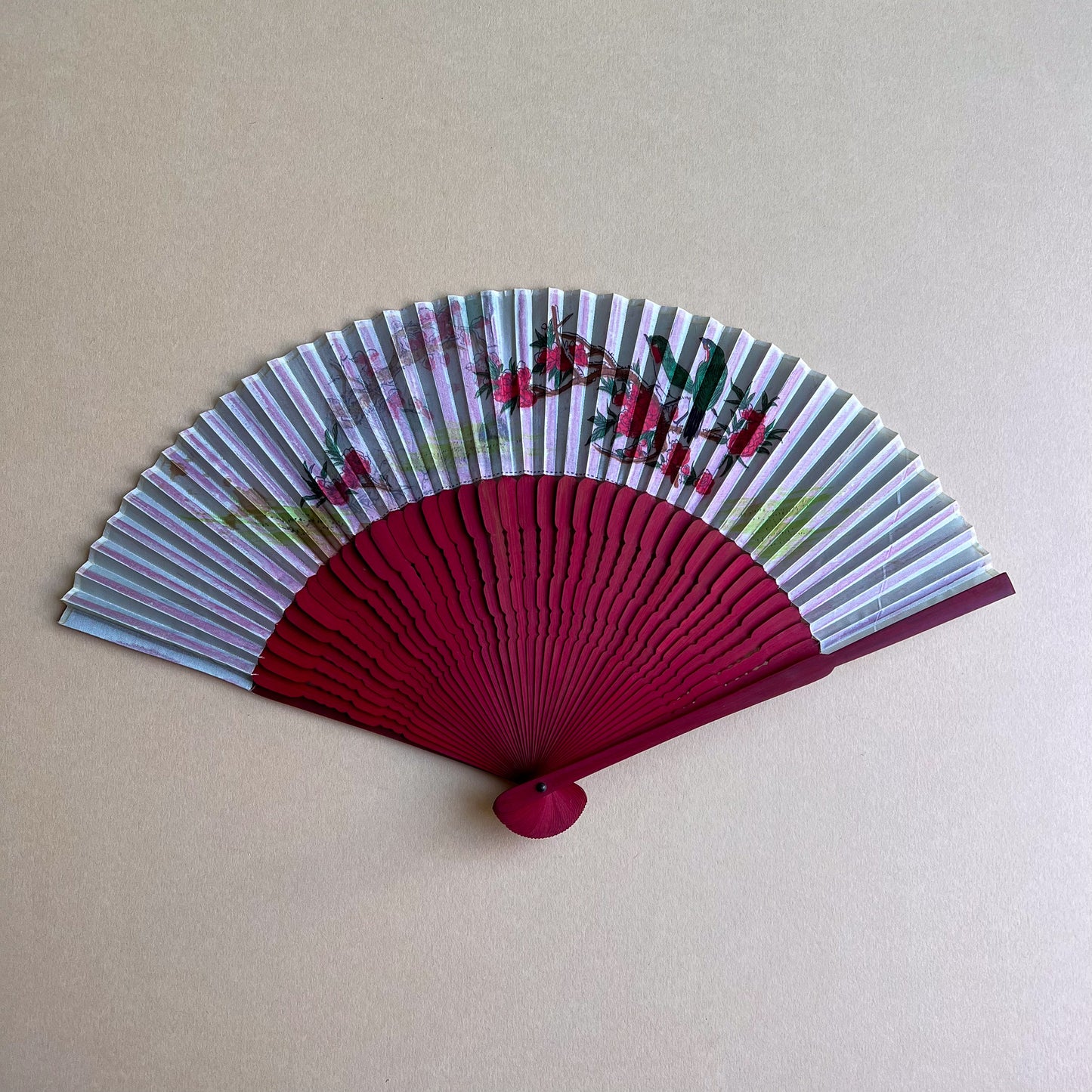 Vintage Birds and Flowers Cherry Wood Fan