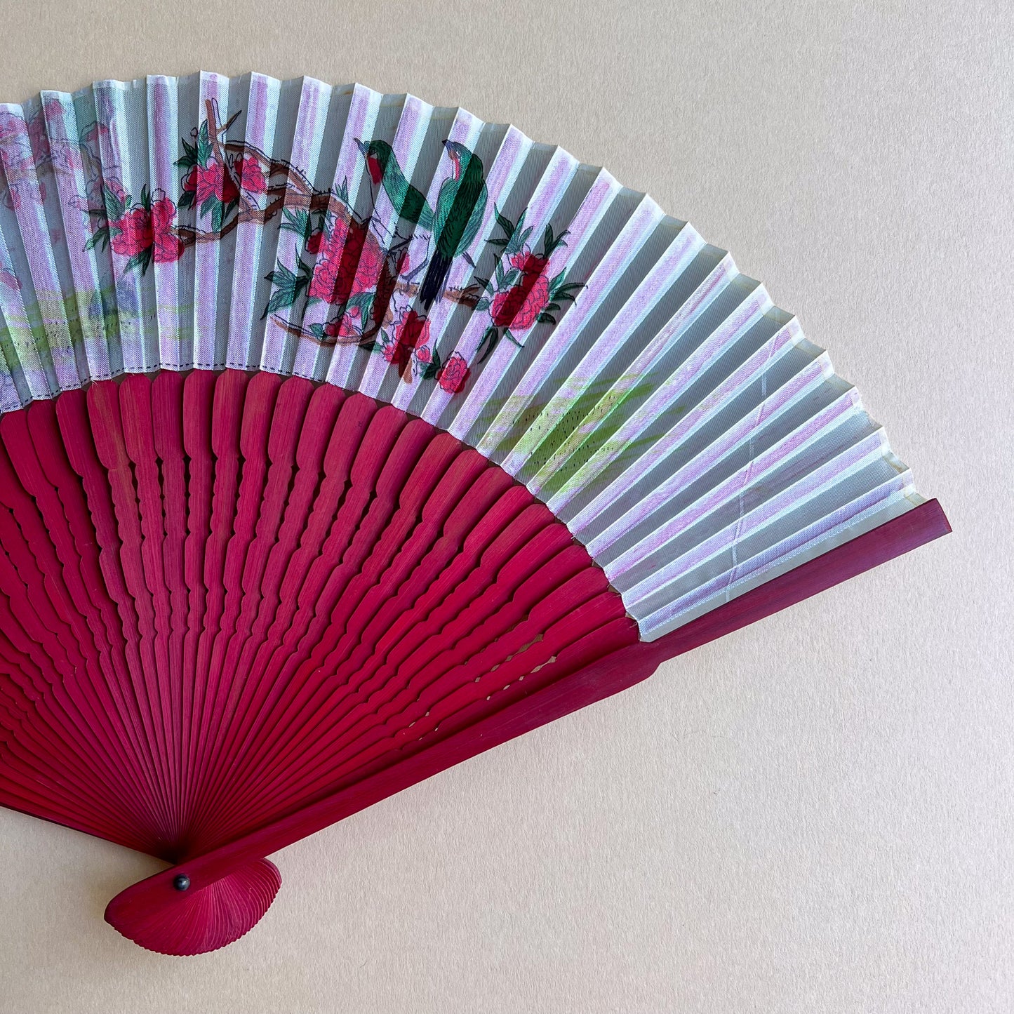 Vintage Birds and Flowers Cherry Wood Fan