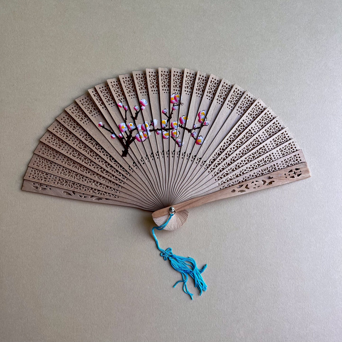 Vintage Hand-Cut Wood Fan With Blue Tassel and Painted Cherry Blossoms