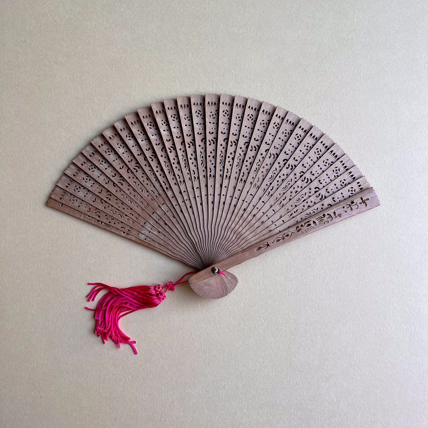 Vintage Hand-Cut Wood Fan With Magenta Tassel