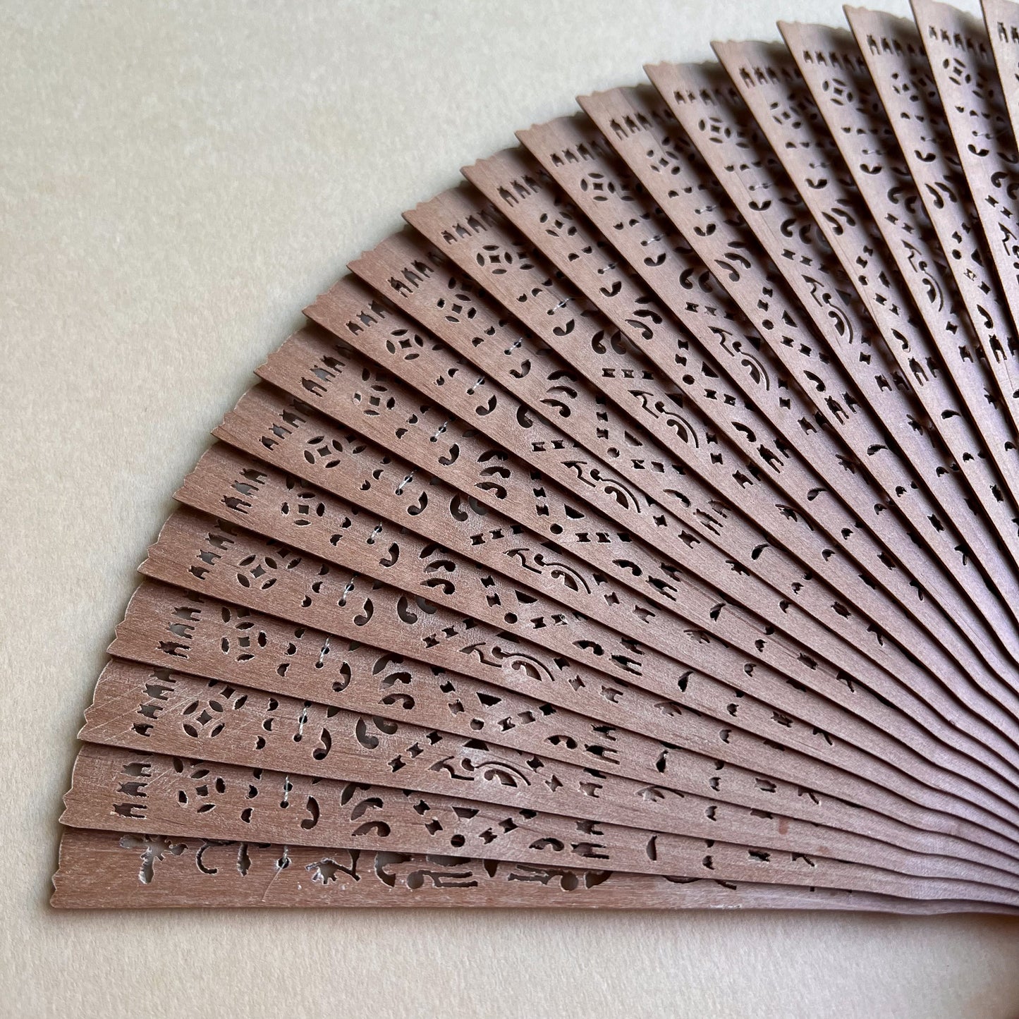 Vintage Hand-Cut Wood Fan With Magenta Tassel