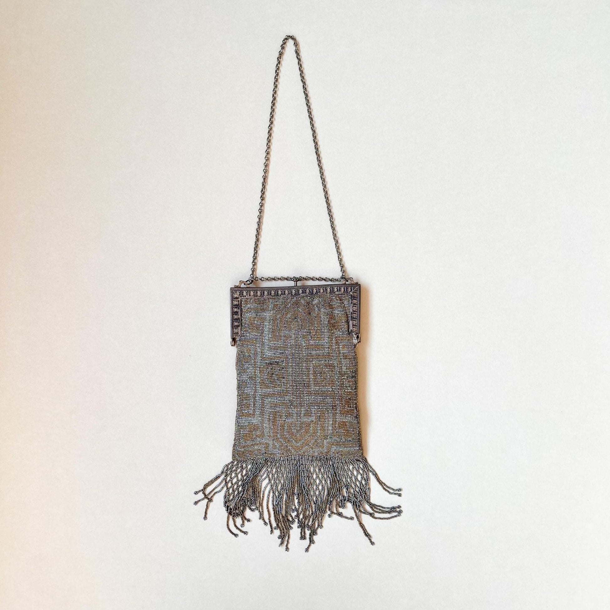 1920s Glass Micro Beaded Metal Frame Handbag