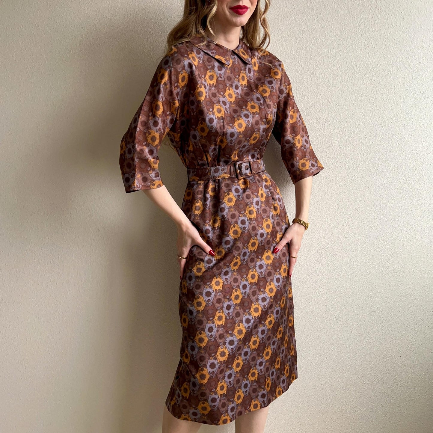 1950s Brown and Blue Abstract Pattern Dress (S/M)