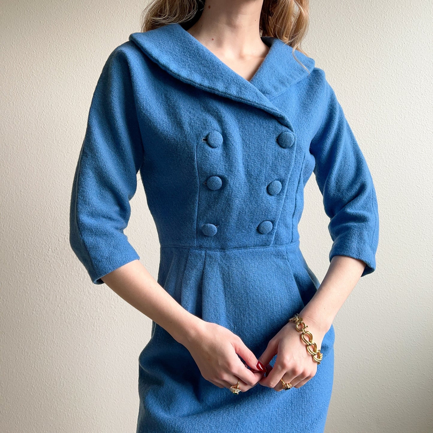 1950s Double Breasted Blue Wool Dress (S/M)