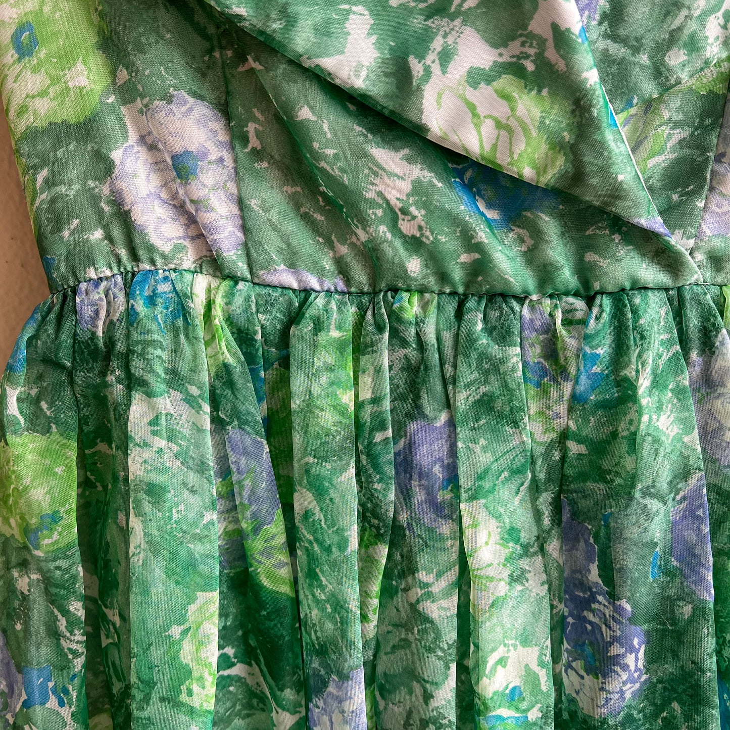 1950s Green Floral Chiffon Party Dress (XS/S)