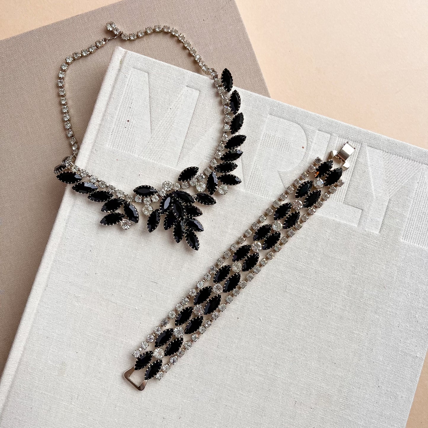 1950s Onyx and Rhinestone Necklace and Bracelet Set