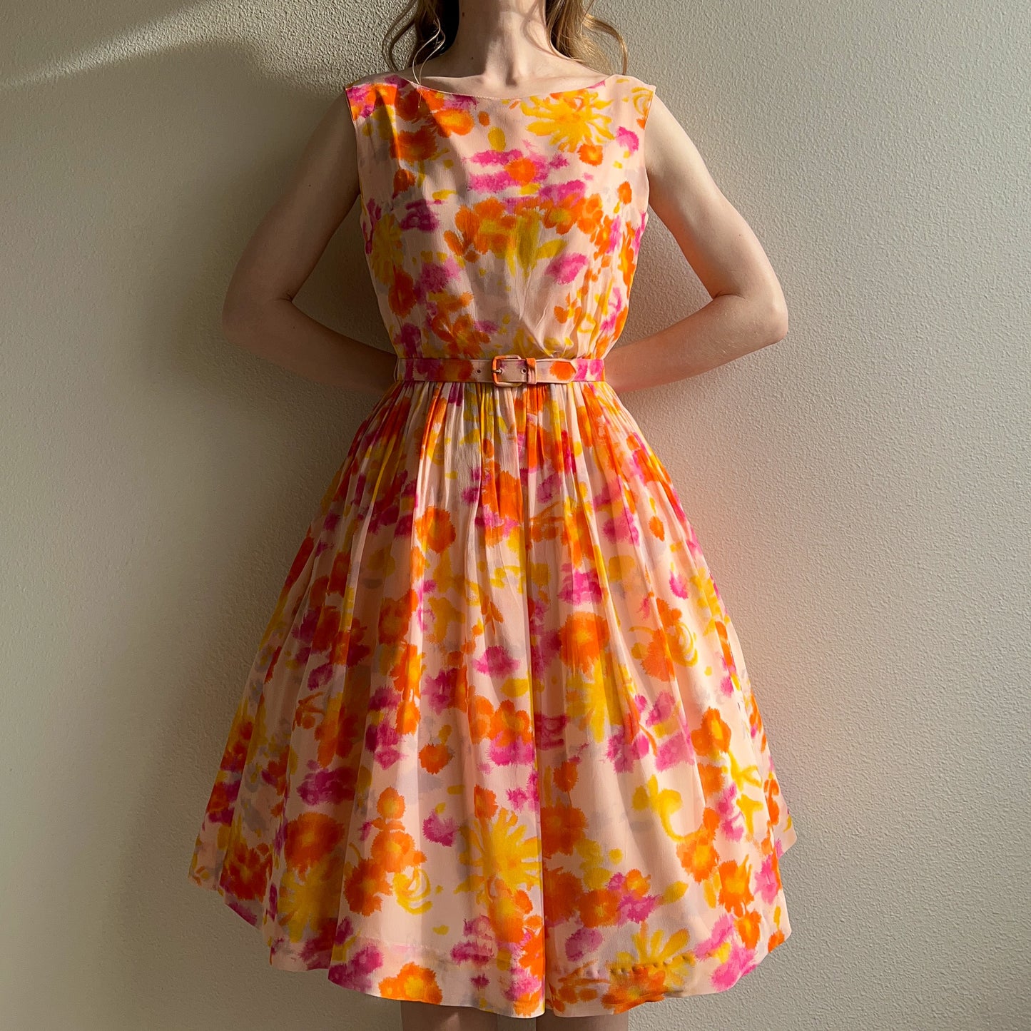 1950s Bright Orange and Pink Chiffon Party Dress (XS/S)