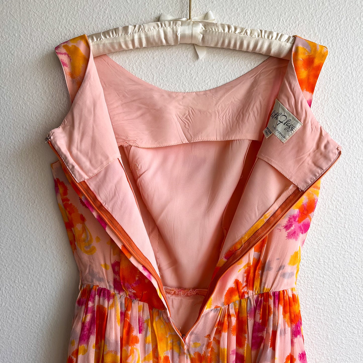 1950s Bright Orange and Pink Chiffon Party Dress (XS/S)
