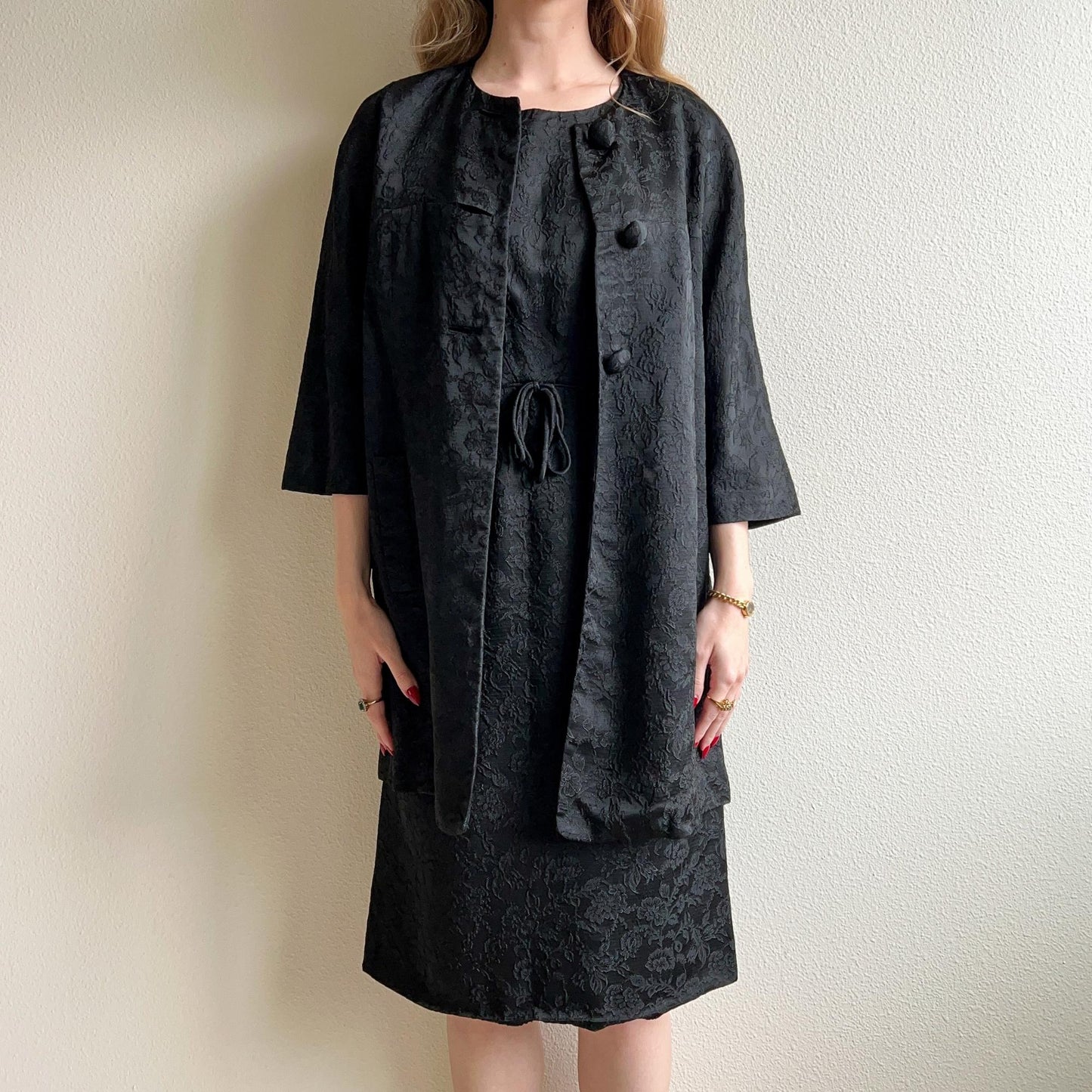 1960s Black Floral Sheath Dress With Matching Coat (S/M)