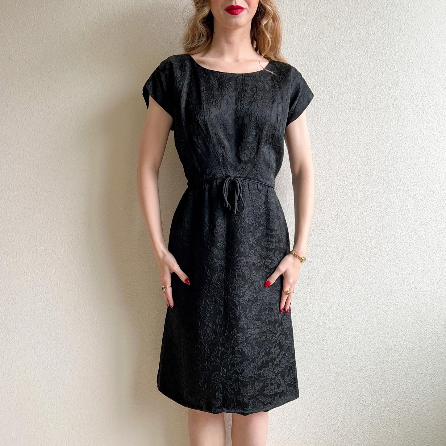 1960s Black Floral Sheath Dress With Matching Coat (S/M)